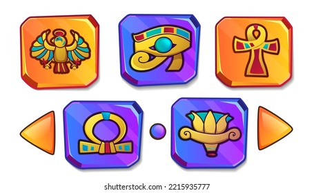 Cartoon stone board with egyptian culture religious symbol. Ancient Egypt icons for game user interface. Vintage objects of scarab, eye of horus, scarab, ankh cross, lotus, sun god. Protective amulet.