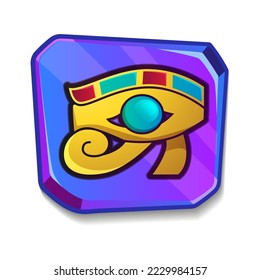 Cartoon stone board with eye of Horus. Blank clay tablet, plate with culture religious symbol or ancient object. Gold vintage Egypt icon for graphical user interface, game design on white background.