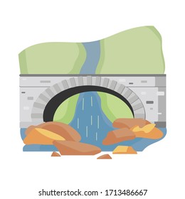 Puente gris oscuro de piedra de caricatura con un icono de río, cascada y árboles verdes - arquitectura vectorial ilustración plana. Construcción de puentes para el transporte aislado en fondo blanco. Diseño para web 