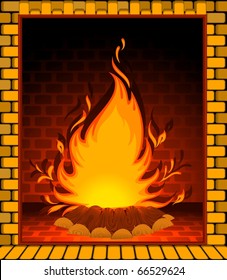 cartoon stone fire-place with a conflagrant fire