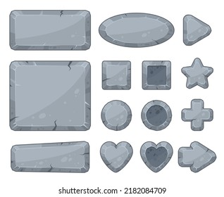 Cartoon stone frames, arrows and game app buttons. Granite rock stones signs, banners and gravel rock plates vector symbols illustration set. Stone signboards collection