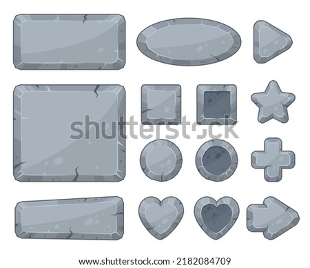 Cartoon stone frames, arrows and game app buttons. Granite rock stones signs, banners and gravel rock plates vector symbols illustration set. Stone signboards collection