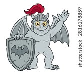 Cartoon stone gargoyle warrior, knight helmet with plume, bat shield mascot, fantasy creature.