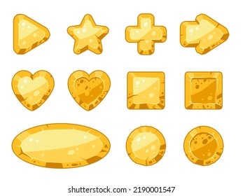 Cartoon stone gold game app buttons, frames and arrows. Gravel rock plates gambling buttons, golden rock stones signs flat vector symbols illustration set. Stone buttons collection