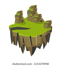 Cartoon Stone Grassy Isometric Island for Game, Vector Illustration