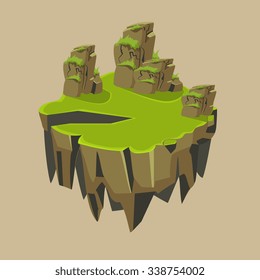 Cartoon Stone Grassy Isometric Island for Game, Vector Element