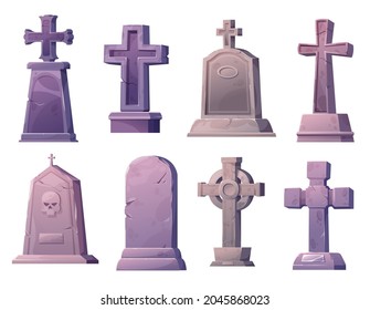 Cartoon stone grave crosses and gravestones. Graveyard crosses and scary tombstones, cemetery vector gothic gravestones with human skull, plate and cracks, celtic ringed high cross on pedestal