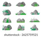 Cartoon stone and green grass set. Grey rock collection. Vector illustration isolated on white background.