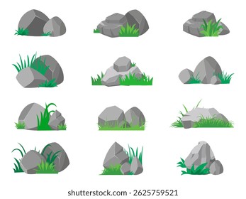 Cartoon stone and green grass set. Grey rock collection. Vector illustration isolated on white background.