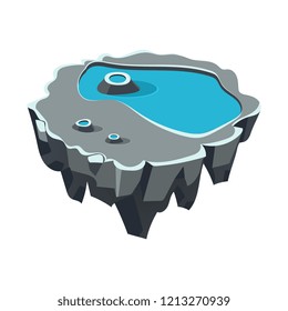 Cartoon Stone Isometric Island with Waterfall and Cliff for Game, Vector Illustration