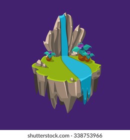 Cartoon Stone Isometric Island with Waterfall and Cliff for Game, Vector Element