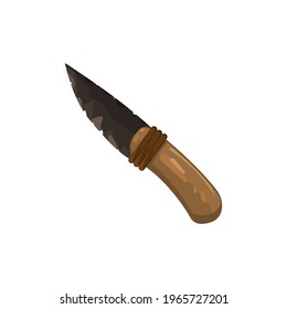 Cuchillo de piedra de caricatura aislado en fondo blanco. Hoja obsidiana en vector. arma manual de la edad primaria. Imagen de color sobre el tema humano primario.