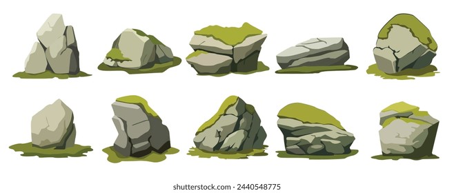 Cartoon stone with moss, jungle rock with moss, forest rock vector illustration set