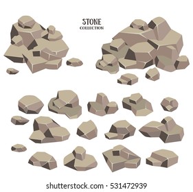 Cartoon stone set. Grey rock collection. Vector illustration isolated on white background