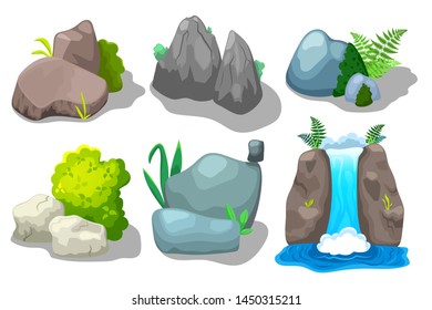 Cartoon stone and shrub vector clipart on white background. Landscape elements for spring or summer scene illustration. Rocks and grass for wild nature landscape creator. Natural object collection
