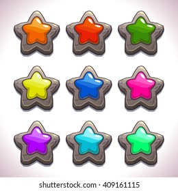 Cartoon stone stars with colorful middles set, vector game or web design elements, GUI assets, abstract star symbol icons, star object for game UI