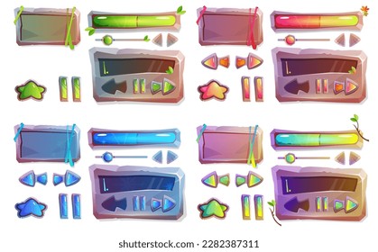 Cartoon stone texture of game buttons gui or ui design elements. Set menu boards, star keys, progress bar and panel with pause, slider and arrows. Interface plaques isolated on white background.