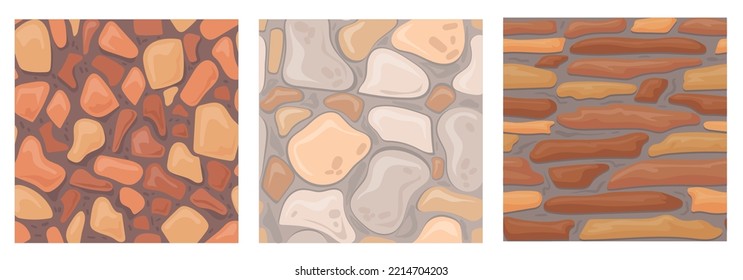 Cartoon stone tile. Game pavement wall texture, rock ground fossil floor cobblestone road seamless pattern castle landscaping background old grey cobble, neat vector illustration of texture stone wall