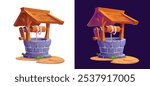 Cartoon stone water well with bucket, wood pulley, rope and winch, vector artesian water source. Village or farm old round dug well with rustic rock masonry and wooden roof, cartoon game assets