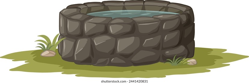 Cartoon stone well surrounded by greenery.