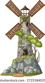 Cartoon Stein Windmühle Turm auf felsiger Insel, überwuchert mit verdrehten Bäumen und Moos
