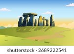 Cartoon Stonehenge Background Vector, landscape Background Vector Art, Ancient Stonehenge Illustration Design