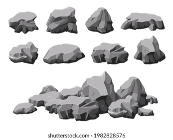 Cartoon Stones. Broken Rock, Stone Pile 3d Design. Isolated Rocks, Boulder Or Gray Mountain. Rubble Gravel Group, Nature Granite Recent Vector Set