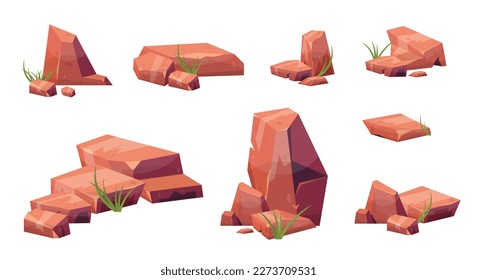 Cartoon stones collection isolated on white. Pieces of mountain rock and desert stones vector illustration