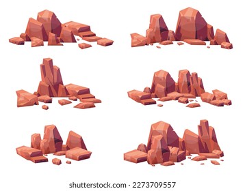 Cartoon stones collection isolated on white. Pieces of mountain rock and desert stones vector illustration