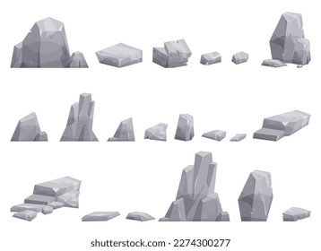 Cartoon stones collection isolated on white. Pieces of mountain rock and desert stones vector illustration