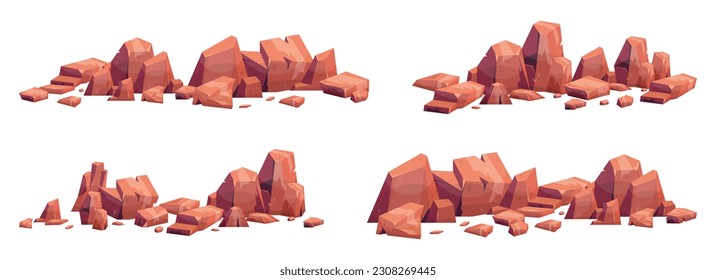 Cartoon stones collection isolated on white. Pieces of mountain rock and desert stones vector illustration