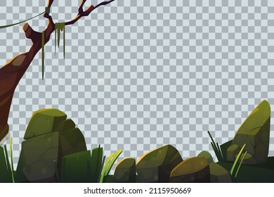 Cartoon stones, grass and bare tree with hanging lianas isolated on transparent background. Frame, design element for game with rocks covered with green moss in forest, Vector illustration, Clip art