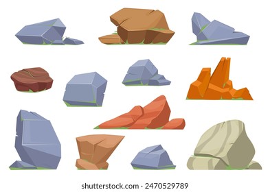 Cartoon stones. Rock and mountains pieces. Granite gravel. Rough boulders. Geological shapes and textures. Cracked sandstones. Geological minerals. Mossy polygonal