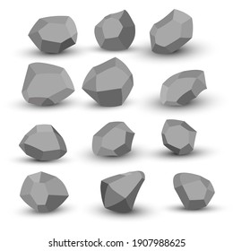 Cartoon stones. Rock stone isometric set. Granite grey boulders, natural building block shapes, wall stones. 3d flat isolated illustration. Vector collection. 