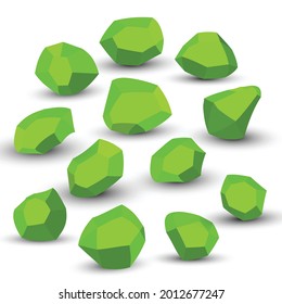 Cartoon stones. Rock stone isometric set. Green boulders, natural building block shapes, wall stones. 3d flat isolated illustration. Vector collection.