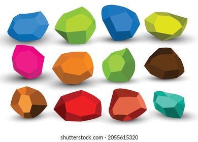 Cartoon stones. Rock stone isometric set. Colorful boulders, natural building block shapes, wall stones. 3d flat isolated illustration. Vector collection.