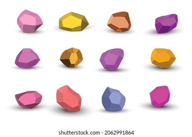 Cartoon stones. Rock stone isometric set. Colorful boulders, natural building block shapes, wall stones. 3d flat isolated illustration. Vector collection.