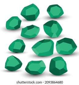 Cartoon stones. Rock stone isometric set. Green boulders, natural building block shapes, wall stones. 3d flat isolated illustration. Vector collection.