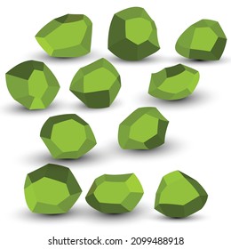 Cartoon stones. Rock stone isometric set. Green boulders, natural building block shapes, wall stones. 3d flat isolated illustration. Vector collection.