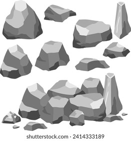 Piedras de caricatura. Conjunto isométrico de piedra de roca. Hombras de granito, formas de bloques de construcción naturales.