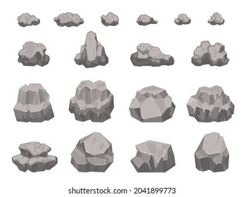 Piedras, rocas, rocas, rocas, escombros y trozos de grava. Material de construcción de granito natural. Desechos de roca, conjunto de vectores de elementos de paisaje. Bloque de montaña, parte de grava aislada en blanco