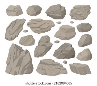 Cartoon stones, cartoon rocks pebble pile and gray stones. Granite stones heap, gravel and mountain rocks pieces vector symbols illustration set. Natural texture granite stones collection