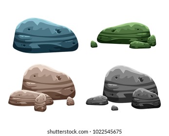 Cartoon stones set. Different shape and color rock collection isolated on white. Vector landscape elements, game location nature assets