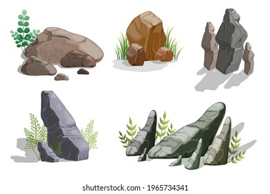 Juego de piedras de dibujos animados, colección de rocas de formas diferentes, elementos de paisaje de naturaleza vectorial, activos de ubicación de juegos, aislados en blanco