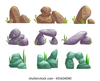 Cartoon stones set. Different shape rock collection. Vector landscape elements, game location nature assets