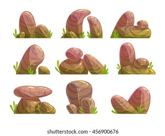 Cartoon stones set. Different shape rock collection. Vector landscape elements, game location nature assets