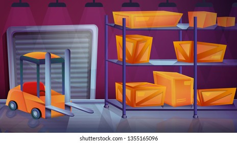 cartoon storage room with boxes and loader, vector illustration