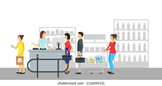 Cartoon Store Counter Desk Banner Card Poster Retail Shop or Supermarket Service Concept Flat Design Style on a White. Vector illustration