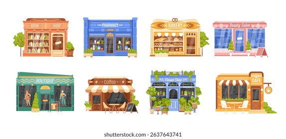 Cartoon store. Shops exteriors. Local shop building. Grocery, bakery cafe, boutique, florist bookshop, pharmacy, coffee beauty salon facade. Supermarket front vector collection.