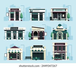 Tiendas de caricaturas. Fachada de la tienda de la calle con café restaurante panadería comida rápida y helado, edificio exterior con asiento al aire libre. conjunto aislado de Vector